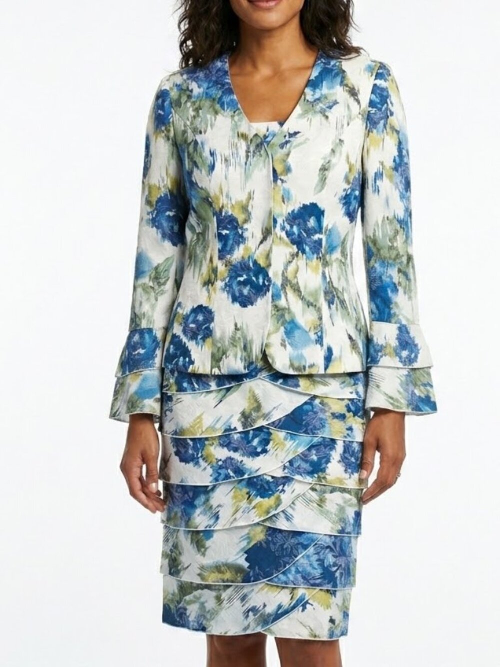 ASHRO Whimsigoth Abstract Floral Tiered Slip Dress Structured Bell Sleeve Jacket